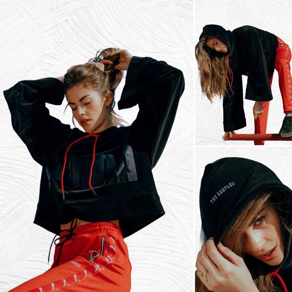 Kooples x Puma Black Velvet Cropped Hoodie Size Small - Picture 1 of 12
